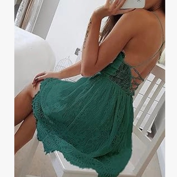 Aooksmery Lace Open Back Dress Green Size Large - Picture 3 of 6